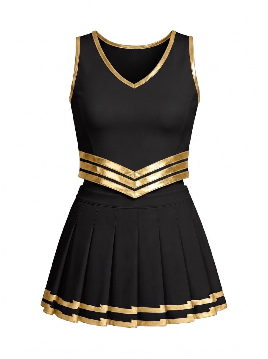 The same cheerleading uniform design in the catalog purple and white colorway