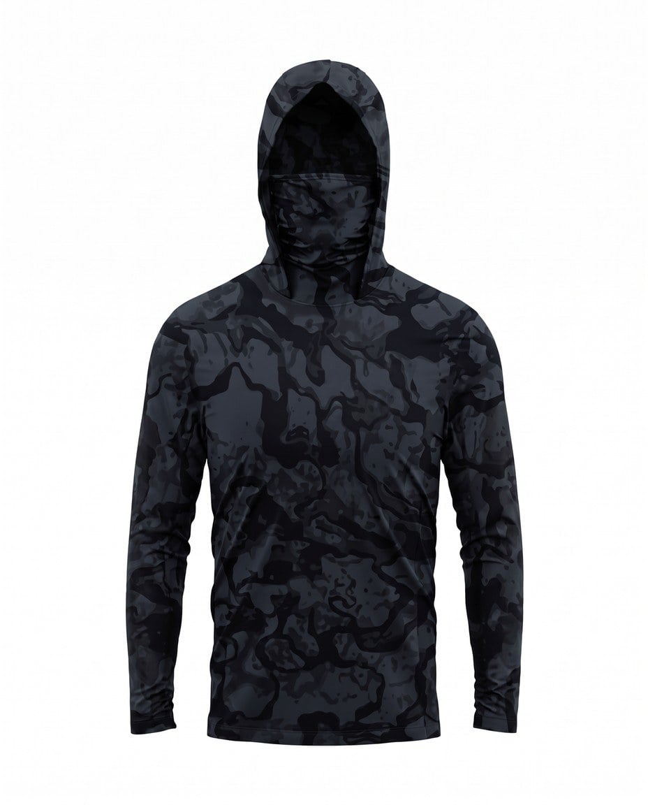 The same mask hood fishing shirt design in the catalog gray and white camo colorway