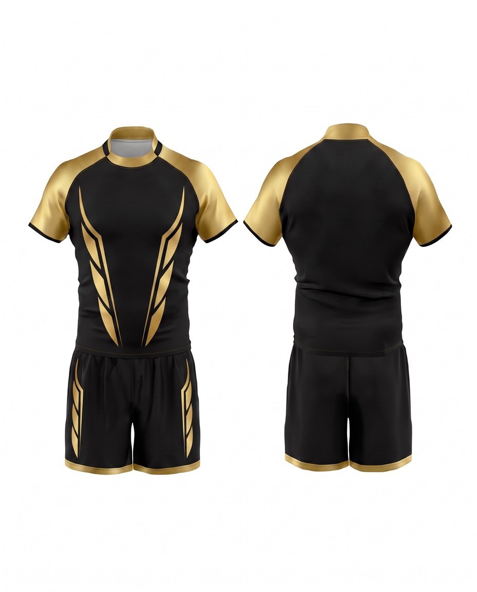 Rugby player in a black and gold Top Notch Sports custom uniform carrying a rugby ball