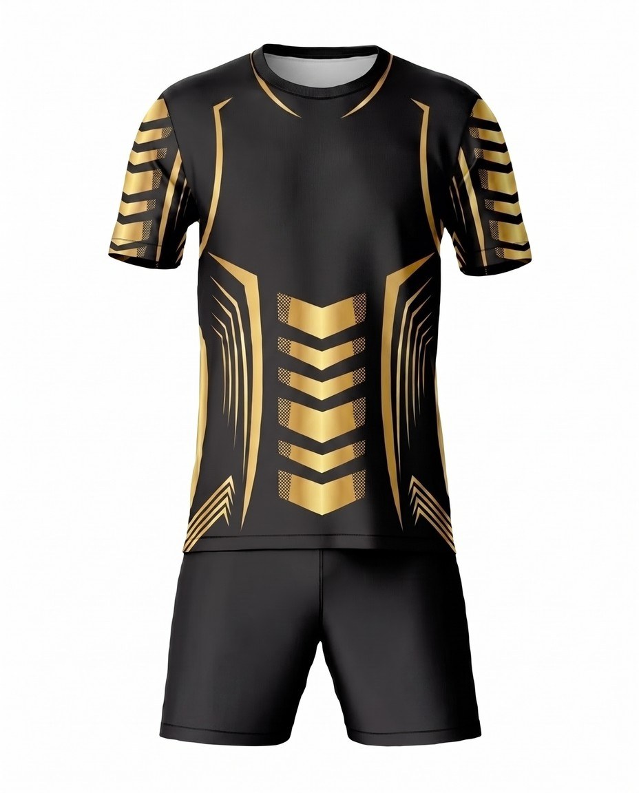 Soccer player in a black and gold Top Notch Sports custom uniform holding a soccer ball