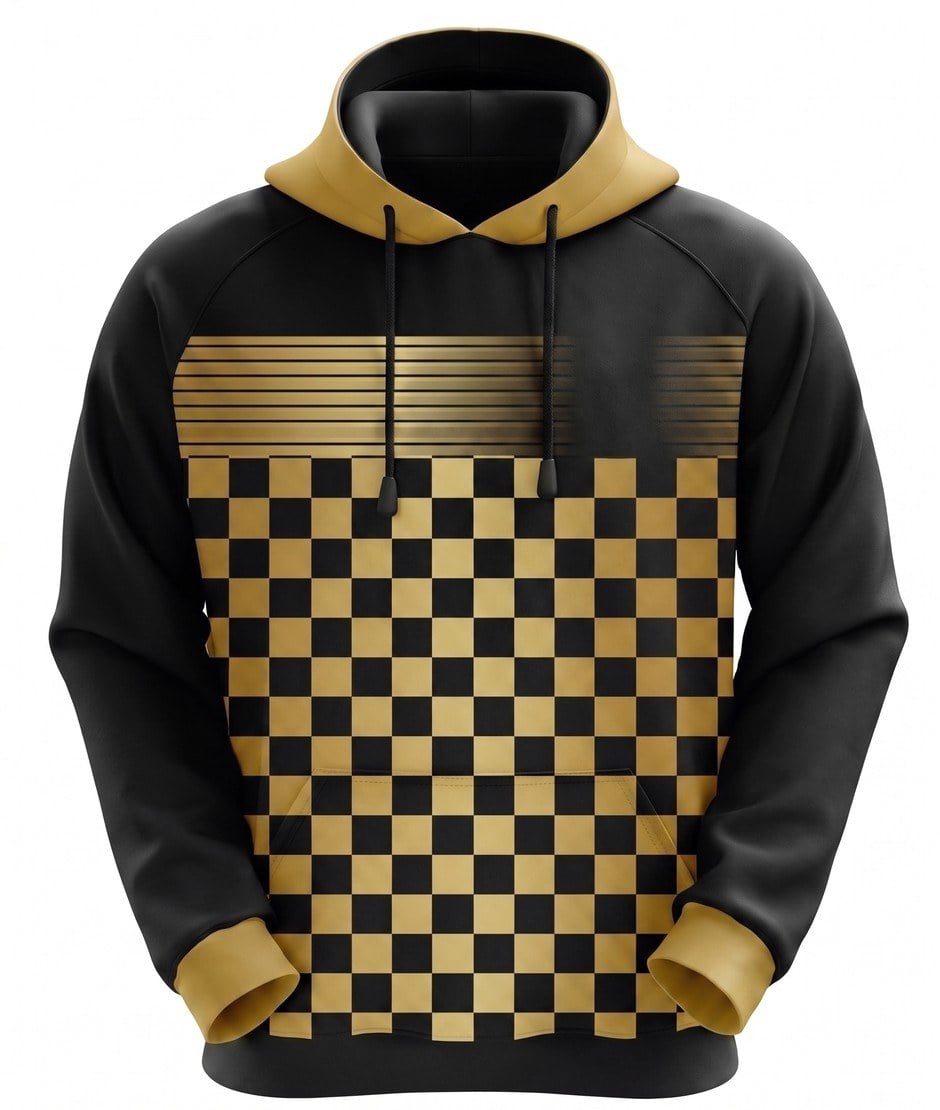 Two athletes in matching black and gold Top Notch Sports custom hoodies