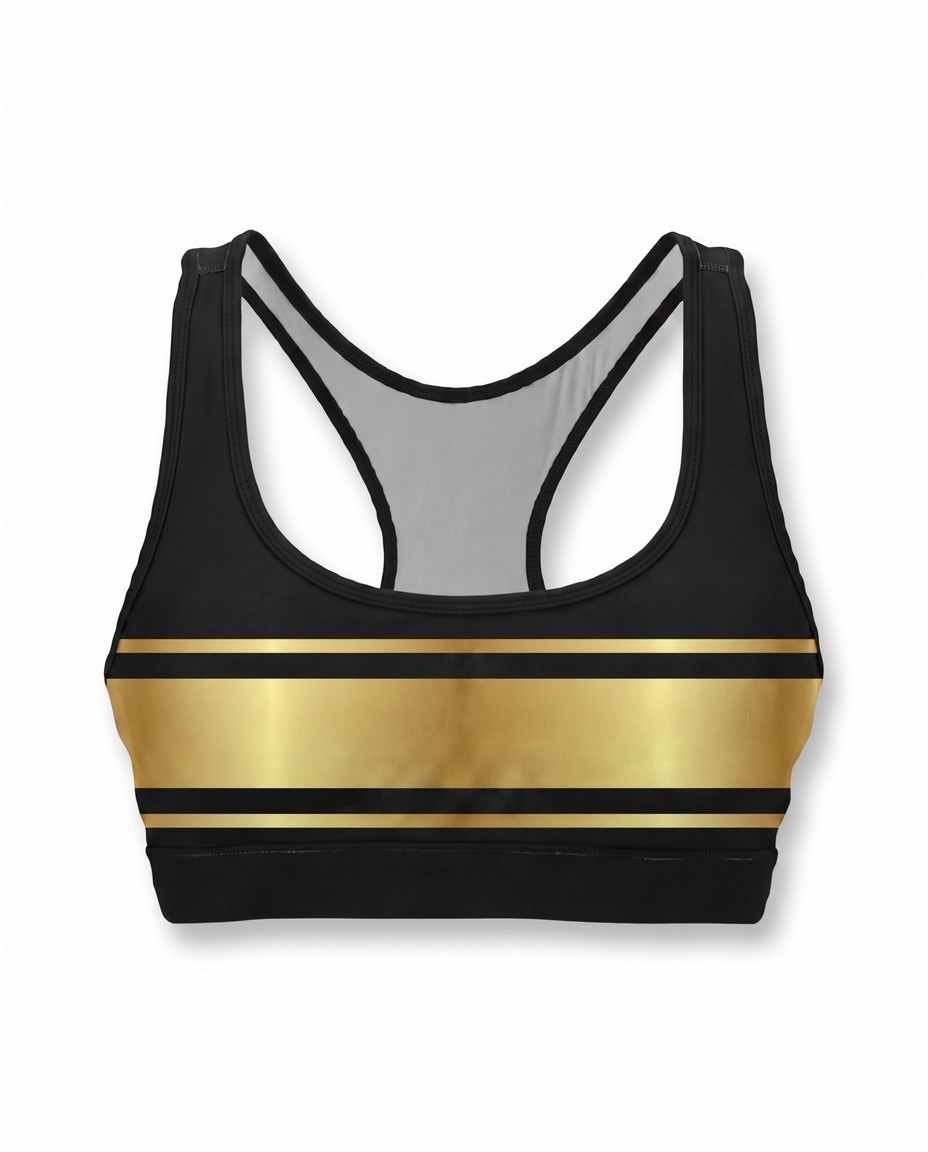 Two athletes in black and yellow Top Notch Sports custom sports bras, front and racerback views