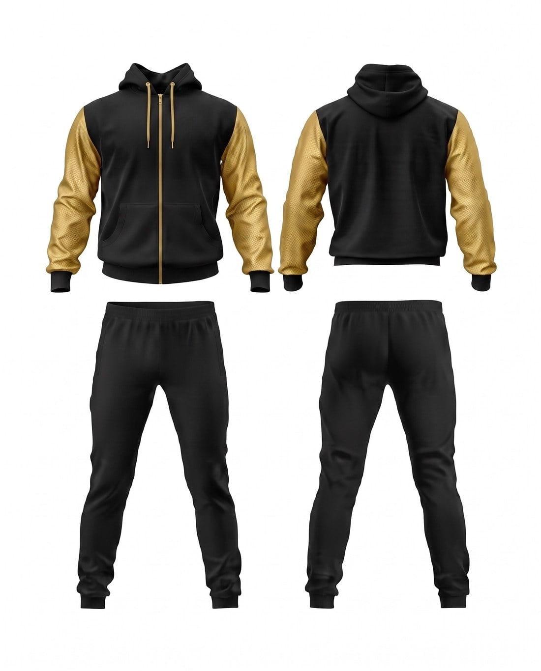 Two athletes wearing black and gold Top Notch Sports custom tracksuits, front and back view