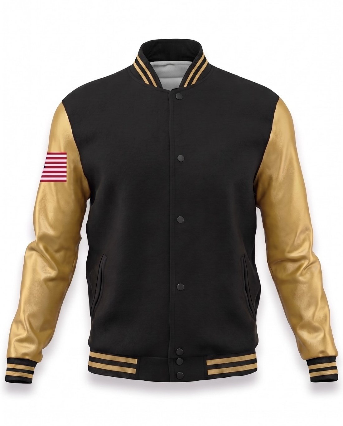 Man and woman wearing black and yellow Top Notch Sports custom varsity jackets